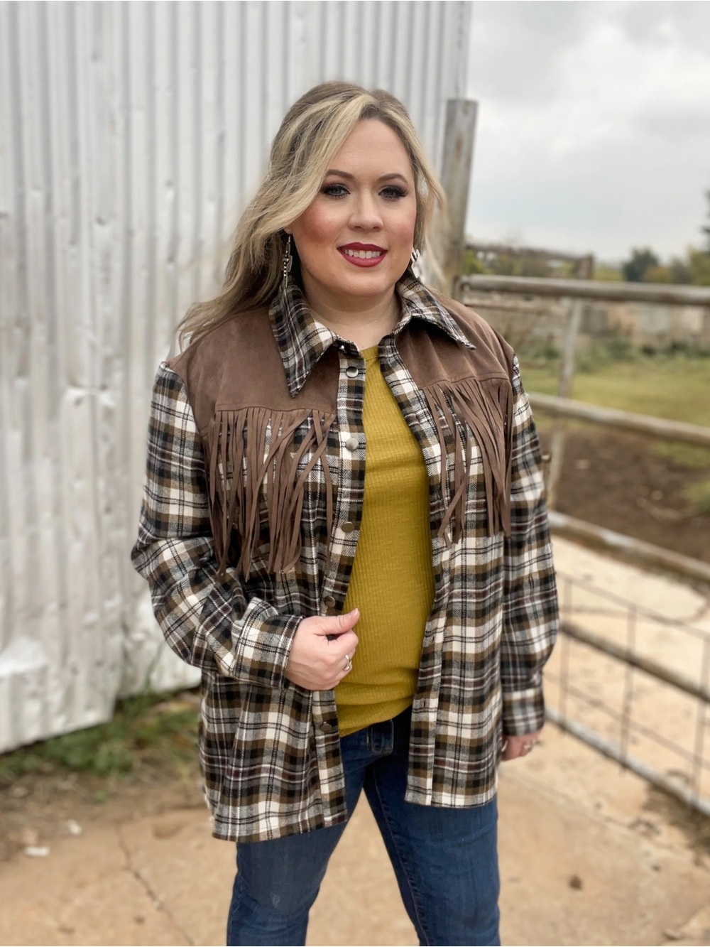 She + Sky Brown Plaid Fringed Utility Jacket